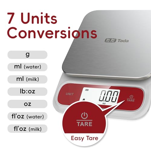 Tada 5kg Food Kitchen Digital Scale with 0.1g Precision IPX6 Waterproof, Type-C Charging, Ounces and Grams for Weight Loss, Cooking, Baking White+Red