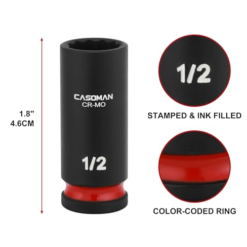CASOMAN 12-Pieces 3/8" Drive Mid-Length Impact Socket Set, 12-Point, SAE, 5/16-Inch to 1-Inch, CR-MO Steel, with Storage Case 0.31 - 1 in