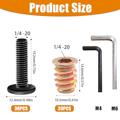 Taiss 30 Sets 1/4"-20 Threaded Inserts for Wood Furniture Screw Assortment+170PCS Threaded Inserts Nuts,6 Sizes Wood Threaded Insert Kit