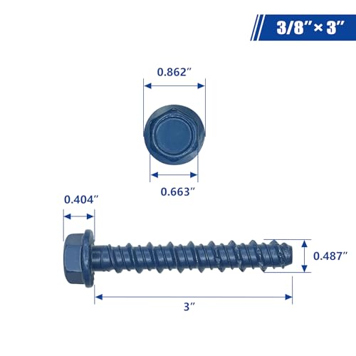 3/8 x 3 Heavy-Duty Hex Head Concrete Anchors, 15 PCS, Corrosion Resistant Blue Climaseal Coating, Outdoor Rated Use, Concrete Block and Masonry Brick Screws 3/8 x 3"