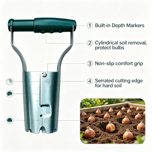 6PCS Bulb Planter and Dibber Tool Set, Transplanter with Depth Markers and Automatic Soil Release, Wood Handle Seed Planter Dibber for Planting Flowers, Tulips, Daffodils, Vegetables