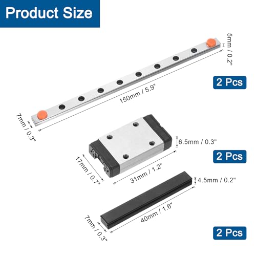 sourcing map 2pcs MGN7 150mm Linear Guide Rail with 2pcs MGN7H Sliding Carriage Block Bearing Steel and 2pcs Plastic Mini MGN12 Linear Guide for DIY 3D Printers and CNC Machine, Silver
