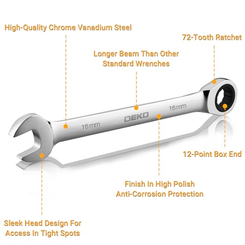 DEKOPRO 12-Piece Ratcheting Wrench Set 8-19mm Metric Standard, Fixed Head Combination Wrenches Set with Rack Organizer, Cr-V Steel, 12 Point 72 Teeth Metric-12 pcs