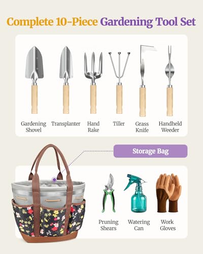 10Pcs Garden Tool Set, Rust-Proof Stainless Steel, Ash Wood Handles Brown
