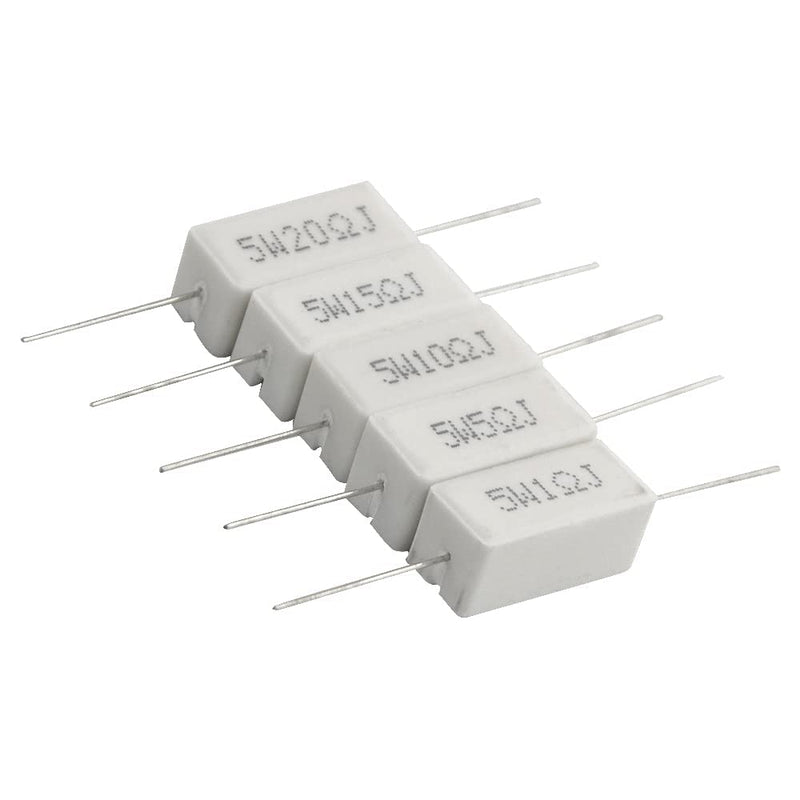 BGTXINGI 25pcs 5W 1 Ohm 5 Ohm 10 Ohm 15 Ohm 20 Ohm Cement Resistors 5% Axial Line Power Resistor Ceramic Cement Resistor Wire Wound Solid Metal Full Range Resistors Kit White