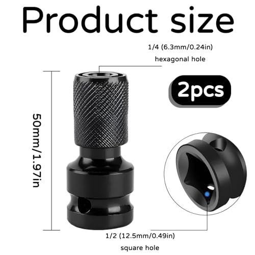 Pack of 2 Impact Wrench Bit Adapter, Bit Holder Socket Adapter, Impact Wrench Adapter Tool, 1/2 to 1/4 Inch, High Hardness Carbon Steel, Safety Clamp, Multifunctional Adapter