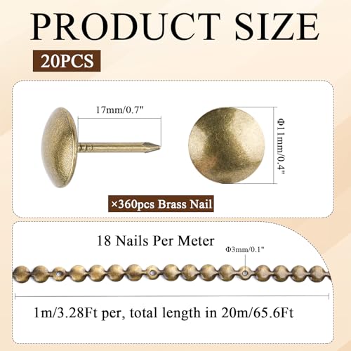 Supkiir 66ft D11mm Upholstery Tack Strip, Brass Decorative Nailhead Trim with Single Tacks, Antique Plated Upholstery Nail Strips Tool for Furniture Sofa Couch Chair Decor