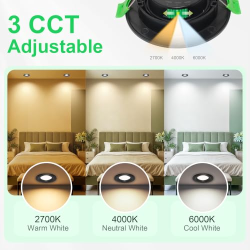 LED Recessed Spotlight 230 V 5 W, 45° Swivel, 3CCT 2700 K/4000 K/6000 K, 23 mm Ultra Flat, IP44 LED Spotlights for Diameter 68-80 mm Hole Size, LED Recessed Lights for Bathroom, Kitchen 3 pieces Black