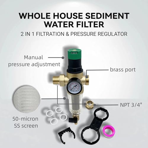 Whole House Spin Down Sediment Filter with Manual Pressure Regulator - Reusable 50 Micron SS Filter screen, BPA-Free Brass Body, Built-in- Gauge, 3/4"NPT（DN20）Ports, Easy Flush Pre-filter