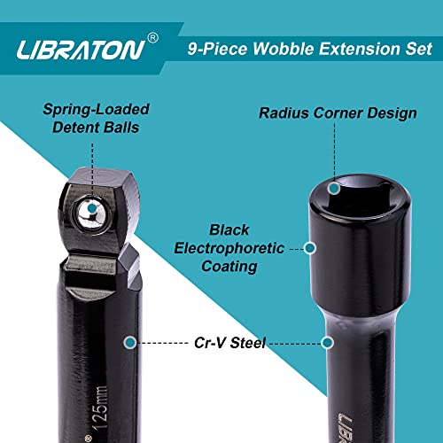 LIBRATON Wobble Extension Set, Socket Extensions Set, Ratchet Extensions 1/4", 3/8", 1/2", Cr-V, with EVA Storage Tray 9PCs-Black