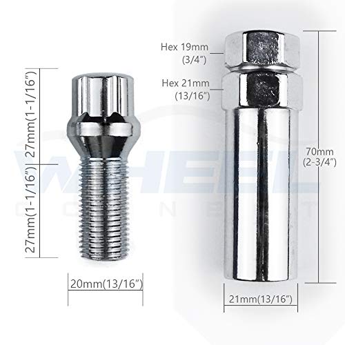 WHEEL CONNECT Spline Lug Bolts,14x1.5,Acorn for Conical Seat. Set of 20 with 1 Key and 1 Storage Bag, for Aftermarket Custom Tuner Wheel, Steel, Chrome Finish.M14 X 1.50. M14 X 1.50