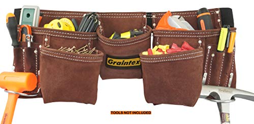 Graintex 11 Pocket Suede Leather Tool Belt/Tool Bag/Work Apron, 2 Hammer Loops, Adjustable Belt | Construction, Carpenter, Roofing, Drywall, Electrician, Gardening, DIY (Coffee Brown, 11 Pockets) Coffee Brown Fits waist size 28" to 50"
