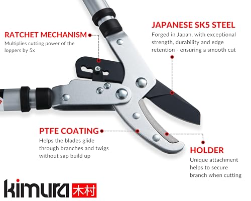 Kimura® Pro Heavy Duty Garden Loppers - 25-37", Premium Anvil Lopper with Advanced Ratchet Mechanism, Lightweight Telescopic Handles, Japanese SK5 Steel Blades, Extendable Garden Loppers 25"-37" Ratchet