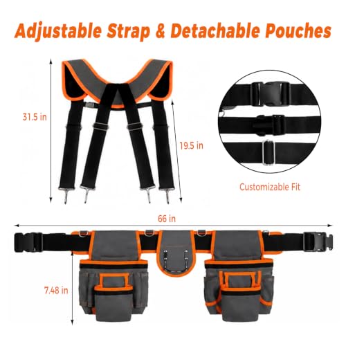 Magnetic Detachable Tool Belt with Suspenders, Fits 32‑66" Waist