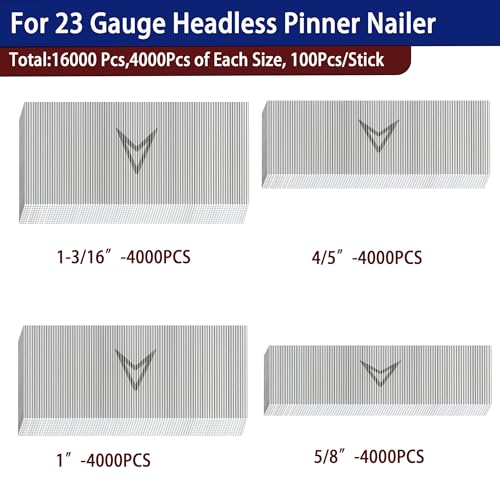 HW HAMWOO 23 Gauge Stainless Steel Pin Nails,5/8",4/5",1",1-3/16":16000pcs Assembly--16000pcs