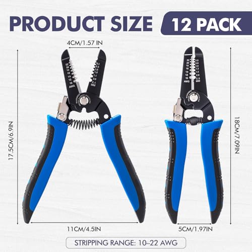 MorningRo 12 Pcs 10-22 AWG Wire Strippers and Cutter with Safety Lock and Spring Loaded 7inch Multi-Function Wire Stripping Tool Insulated Stripping Pliers Bulk for Electrician Craftsmanship
