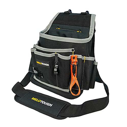 Melo Tough Professional Electrician Tool Pouch Shoulder Tool Carrier with Multiple Pockets + Tool Web Work Belt Buckle 2" inch Wide Belt Black Simple Style