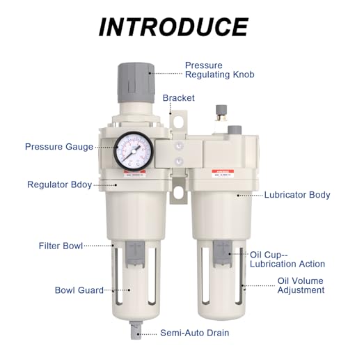AIRZOE 1" NPT Air Filter Regulator Lubricator Combo AC5010-10 1"NPT Semi-auto Drain / White