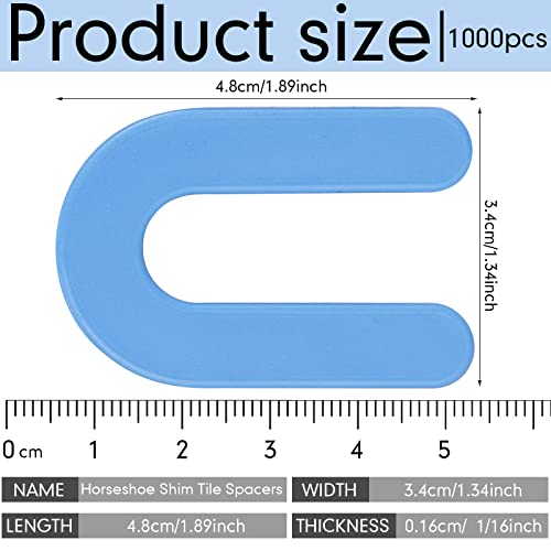 Yookeer 1000 Pieces Tile Leveling System Tile Spacers 1/16 Inch, Horseshoe Shim U Shape Plastic Vitrolite Leveling Clips for Various Types, Blue