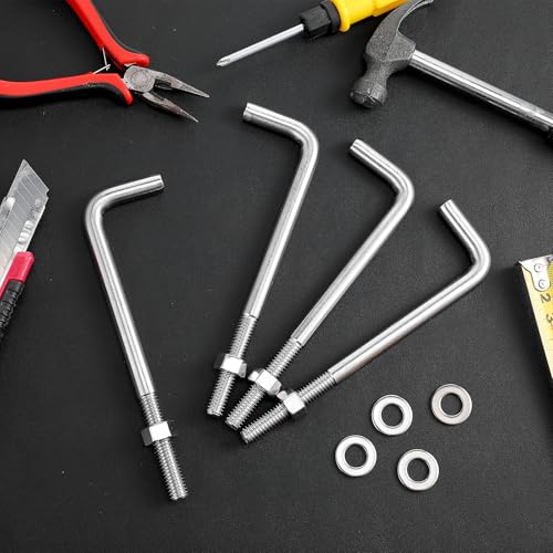 Lemecima 10 Pieces 304 Stainless Steel J Bolts, 3/8-16 x 6 Inches, Heavy-Duty Concrete & Wood Anchor Bolts with Nut Washer & Bracket