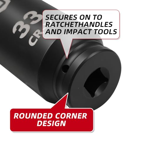 1/2" Drive 33mm Extra Deep Impact Socket，6.3"(160mm) Long，6-Point, Heat Treated Cr-V Alloy Steel, One-Piece Forged, Radius corner design