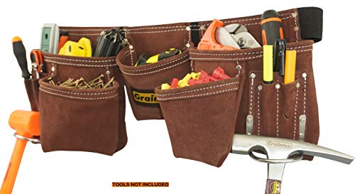 Graintex 11 Pocket Suede Leather Tool Belt/Tool Bag/Work Apron, 2 Hammer Loops, Adjustable Belt | Construction, Carpenter, Roofing, Drywall, Electrician, Gardening, DIY (Coffee Brown, 11 Pockets) Coffee Brown Fits waist size 28" to 50"