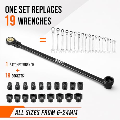 Flex Head Ratcheting Wrench Set 19-in-1, 6-24mm CR-V Steel Metric Wrench