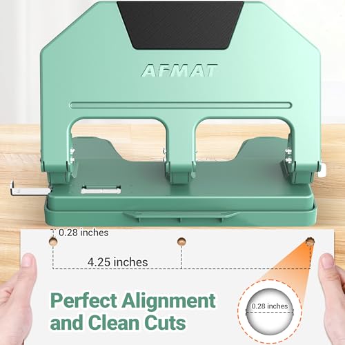 AFMAT 3 Hole Punch, 9/32" Holes, 40-Sheet 3 Hole Puncher for Binder, 50% Reduced Effort, Metal Heavy Duty Three Hole Punch w/ 10,000+ Uses, Bulit-in S.S. Paper Guide, Large Chip Tray, Green, HPX3 40-Sheet Capacity