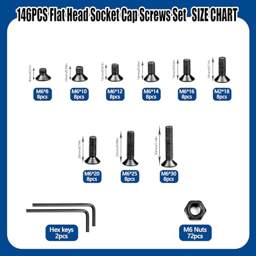 NINDEJIN M2 M3 M4 M5 M6 Flat Head Hex Socket Cap Screws Bolts and Hex Nuts with Washers Assortment Kit, 12.9/10.9 Carbon Steel Metric Screw, Full Thread, Black Oxide, Hex Drive(580PCS and 146PCS)