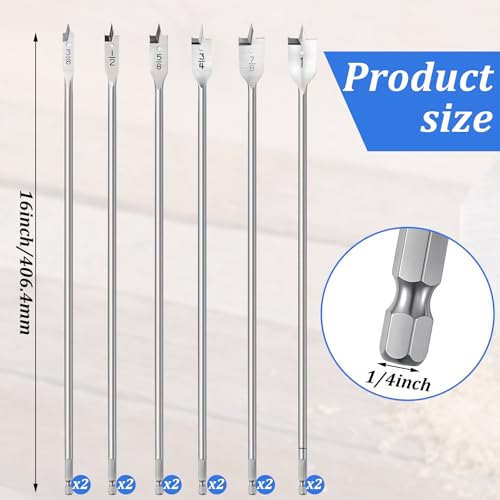 Treela 12 Pcs 16" Extra Long Spade Drill Bit Set,Wood Paddle Flat Drill Bit 3/8, 1/2, 5/8, 3/4, 7/8, 1 Inch