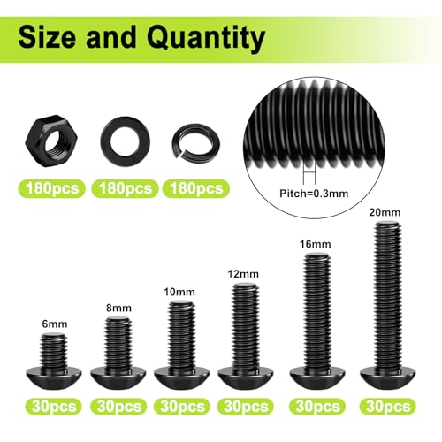 mxuteuk 720PCS M3 Screws Assortment Kit,6/8/10/12/16/20mm M3 Metric Screw,10.9 Grade Alloy Steel Metric Hex Button Head Cap Screws Nuts and Flat Washers for 3D Printing