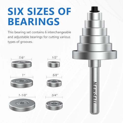 Newdeli 6Pcs Rabbeting Router Bit (1/8",1/4",3/8", 1/2") and Tongue and Groove Router Bit Set with 6 Bearings Set (1/2", 5/8", 3/4", 7/8", 1", 1-1/8" Bearings) - 1/4 inch Shank