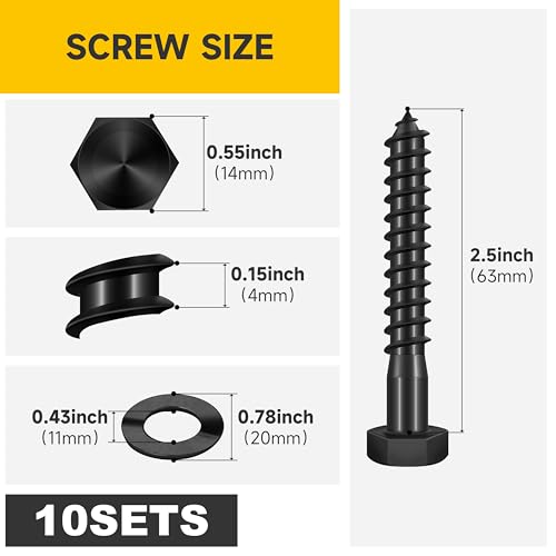 Mywish (10Sets) 3/8" x 2-1/2" Hex Head Lag Bolts & 77Pcs Wood Screws #10 x 2-1/2" 1lb Box, Deck Screws 2 1/2 Inch, T25 Torx Drive Head, Outdoor Construction Screws, Heavy Duty Lag Screws with Washers