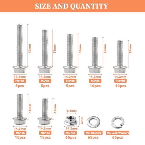 260Pcs 304 Stainless Steel M6 Flange Hex Head Bolts Assortment Kit,M6-1.0 x 12/16/20/25/30/35/40mm with Serrated Flange Nuts,Washers & Lock Spring Washers,Hex Head Screw, Full Thread DIN6921 Sliver M6 Flange Blots Kit