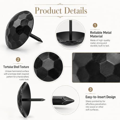 50 Pcs Black Metal Decorative Nails, 1.5 in Large Cap Tortoise Shell Textured Iron Nails, 1 in Shank Length for Antique Wooden Doors, Furniture Remodel, Architecture Decor, Craft Projects