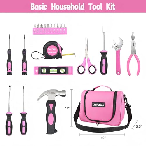 Pink Tool Set | Tool Bag for Women with Shoulder Strap | Basic Tool Kit|21Pcs Tool Pouch with Zipper|Portable Tool Bag with Tools for Home|Dorm|Office|DIY|Desk|Apartment Pink