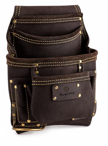 Buyohlic Heavy-Duty Leather Tool Bag 10 Pocket Top Grain Construction Pouch Dark Tan