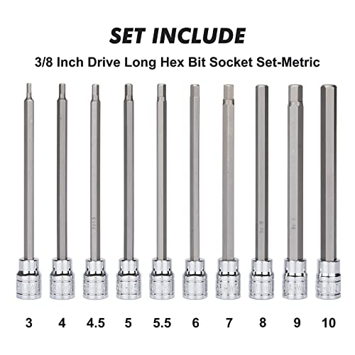 CASOMAN 18 Pieces 3/8 Inch Drive Long Hex Bit Socket Set,1/8 Inch to 3/8 Inch, 3mm to 10mm, SAE&Metric, Extra Long Allen Hex Bit Socket Set, CR-V and S2 Steel 18 Pieces Metric & SAE