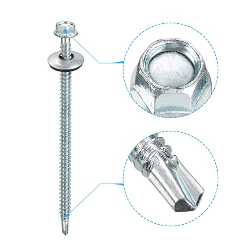 uxcell #12 x 4 Self Drilling Screws with Rubber Washer, 100pcs Zinc Plated Steel Roofing Screws Hex Head Self Tapping Screws with EPDM Washer for Metal to Metal #12 x 4" 100