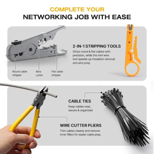 YQE RJ45 Crimp Tool Kit, Pass Through Ethernet Crimper, Crimping Tool, Network Tool Kit for Cat5, Cat5e, Cat6, RJ45, RJ11, RJ12 w/Carrying Case, Cable Tester, Stripper, Cutter, 50 Connectors & Boots 10 IN 1 Set