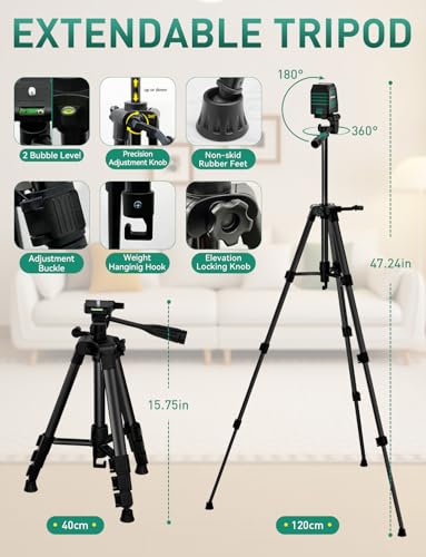 RockSeed Dual Modules Line Laser with 47 inch Iron Tripod, Self Leveling Laser Level, Horizontal and 150° Vertical Green Beam, 2 AA Batteries, Carrying Bag, for Home Decoration/DIY/Construction Site