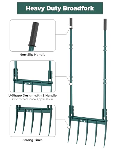 Broadfork Garden Tool, 5-Tine Manual Soil Tiller, Heavy Duty