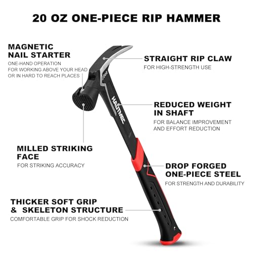 HAUTMEC 20 oz. One Piece Forged Framing Hammer With Straight Rip Claw Hammer, Milled Face, Shock-Absorbing Grip, with Magnetic Nail Holder, HT0371-HM 20oz Claw Hammer