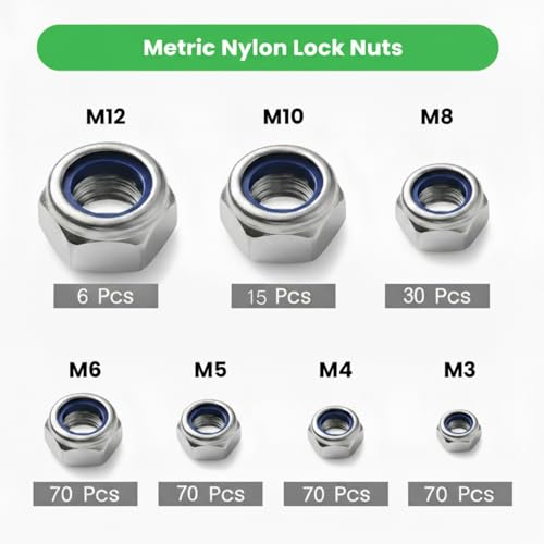 BOLDGNAITE 331pcs Metric Lock Nuts Assortment Kit,M3 M4 M5 M6 M8 M10 M12 Nylon Insert Locknuts, 304 Stainless Steel Self-Locking Nuts Set for Industrial and Home Use