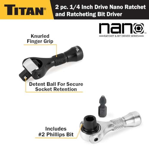 Titan 11332 2-Piece 1/4-Inch Drive x 2-1/4-Inch Swivel Head Ratchet Set Nano Bit Driver and Ratchet