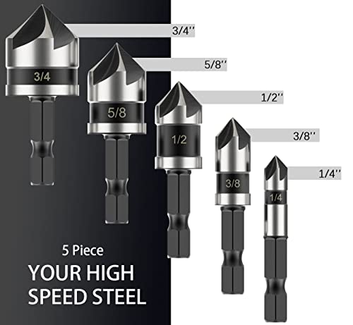 Countersunk Bit Set for Metal, M2 Cobalt Countersunk Bits 5 Pieces, M35 Four Spiral Flute Step Drill Bit Set 1/8"-1/2" （13 Sizes ）,1/4" Hex Shank Drill, Impact Resistant M35HSS Unit Stepper bit, for S