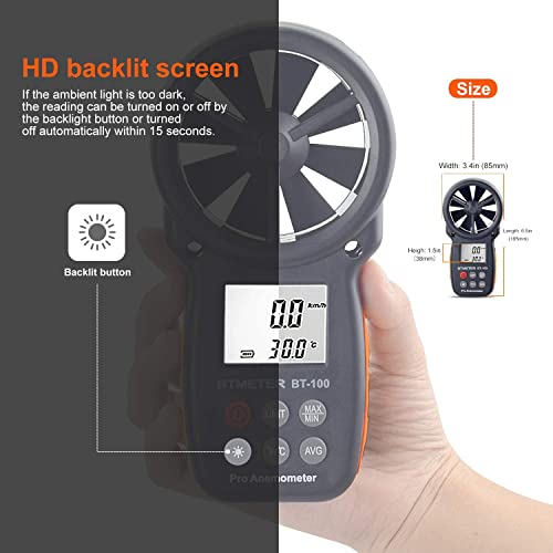 BTMETER BT-100 Handheld Anemometer Digital Wind Speed Meter Gauge for HVAC Tester Air Flow Velocity, Wind Chill, 14℉-113℉ Wind Temperature