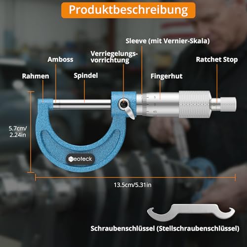 Neoteck Micrometer Outside Micrometer Micrometer Caliper 0-25 mm/0.01 mm for Measuring Small Parts, Gaskets and Wires 1