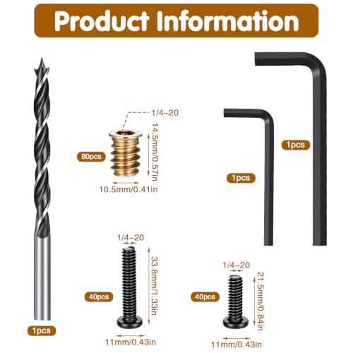 163-Piece 1/4"-20 Threaded Inserts for Wood Furniture, 80 Brass Insert Nuts, 40pcs 1/4"-20 x 3/4" Bolts, 40pcs 1/4"- 20 x 1-1/4" Bolts, Twist Drill Bit & 2 Wrenches, Complete Furniture Fastener Kit