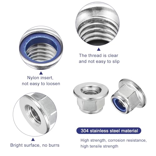 uxcell M10x1.5mm Flange Nylon Insert Lock Nuts 50Pcs 304 Stainless Steel M10-1.5 50
